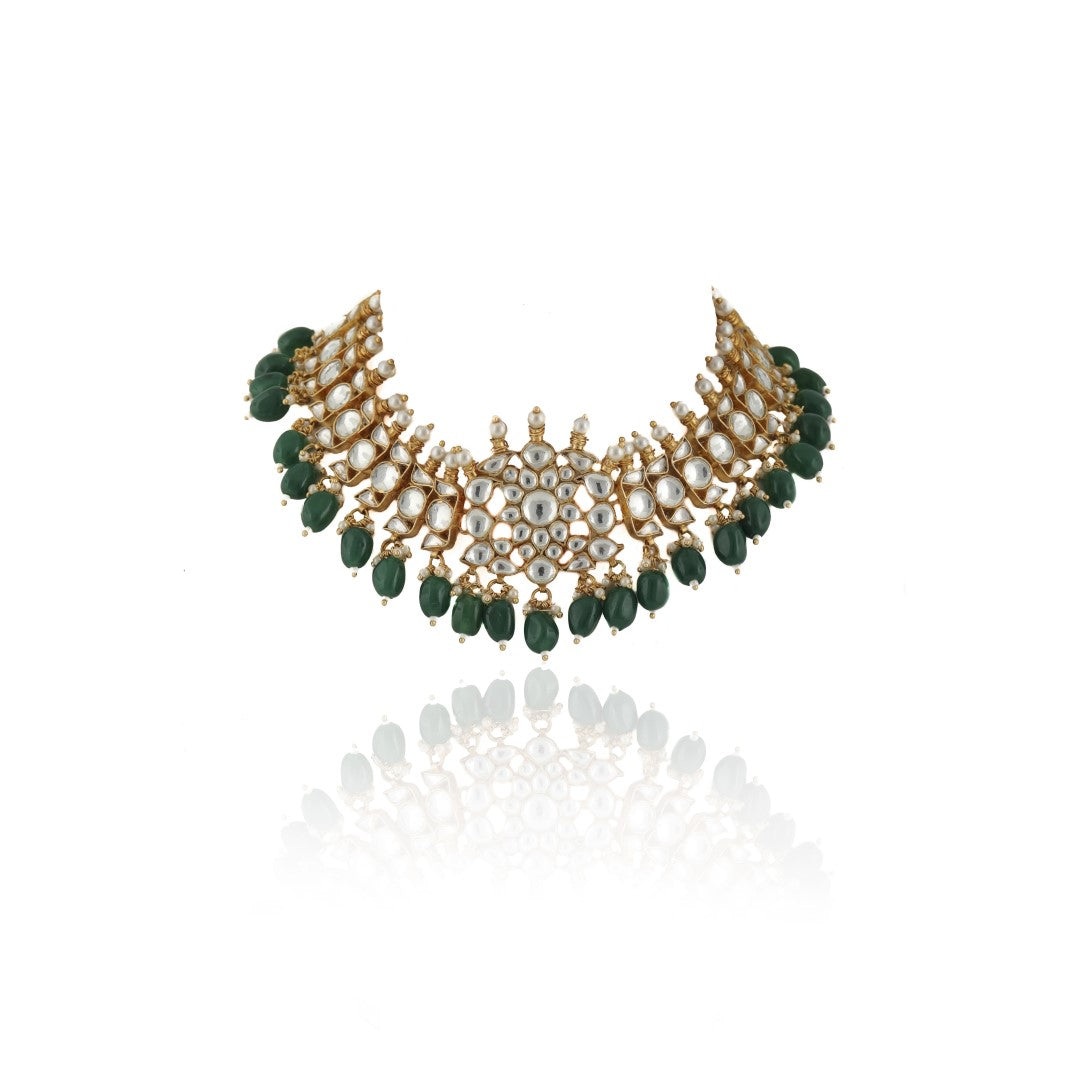 Emerald green beads gold plated choker set