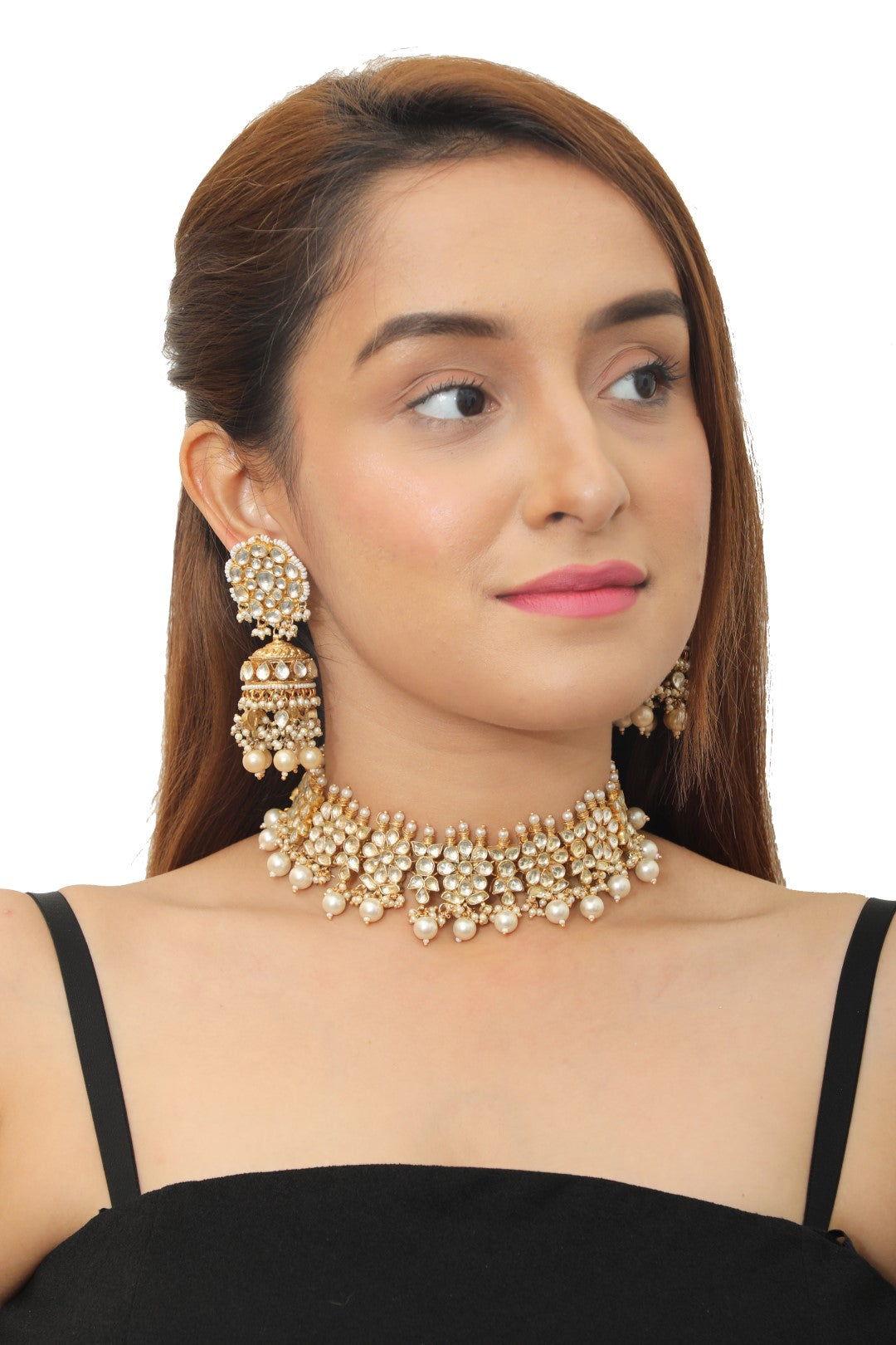 White Pearl Beaded Floral Choker Set