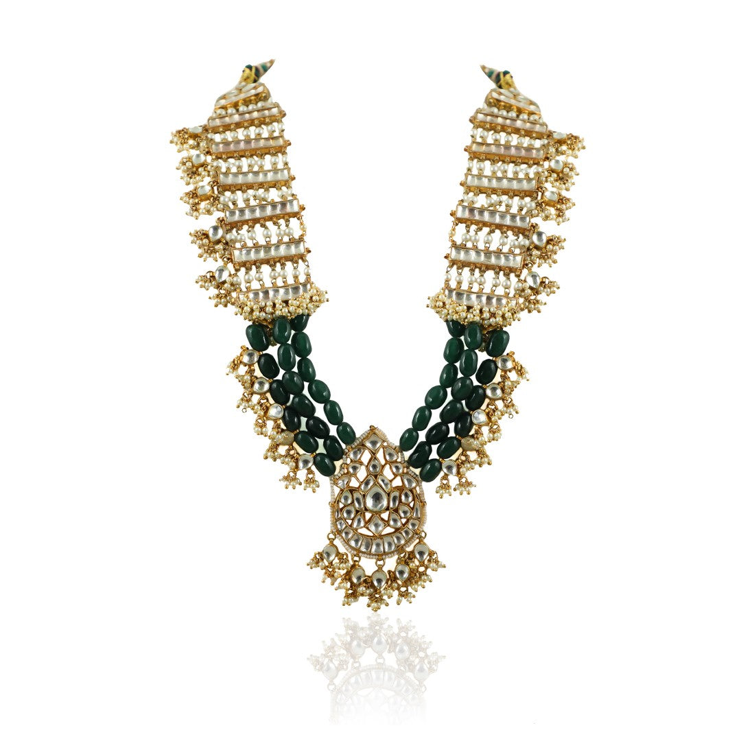 Traditional Wear Green Gold Plated Long Necklace With Jhumka