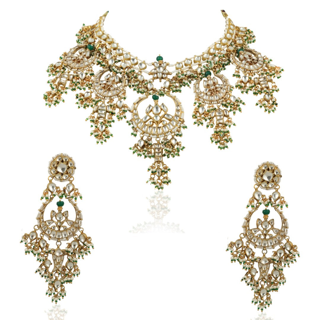 Emerald Green Beaded Jadau Necklace Set