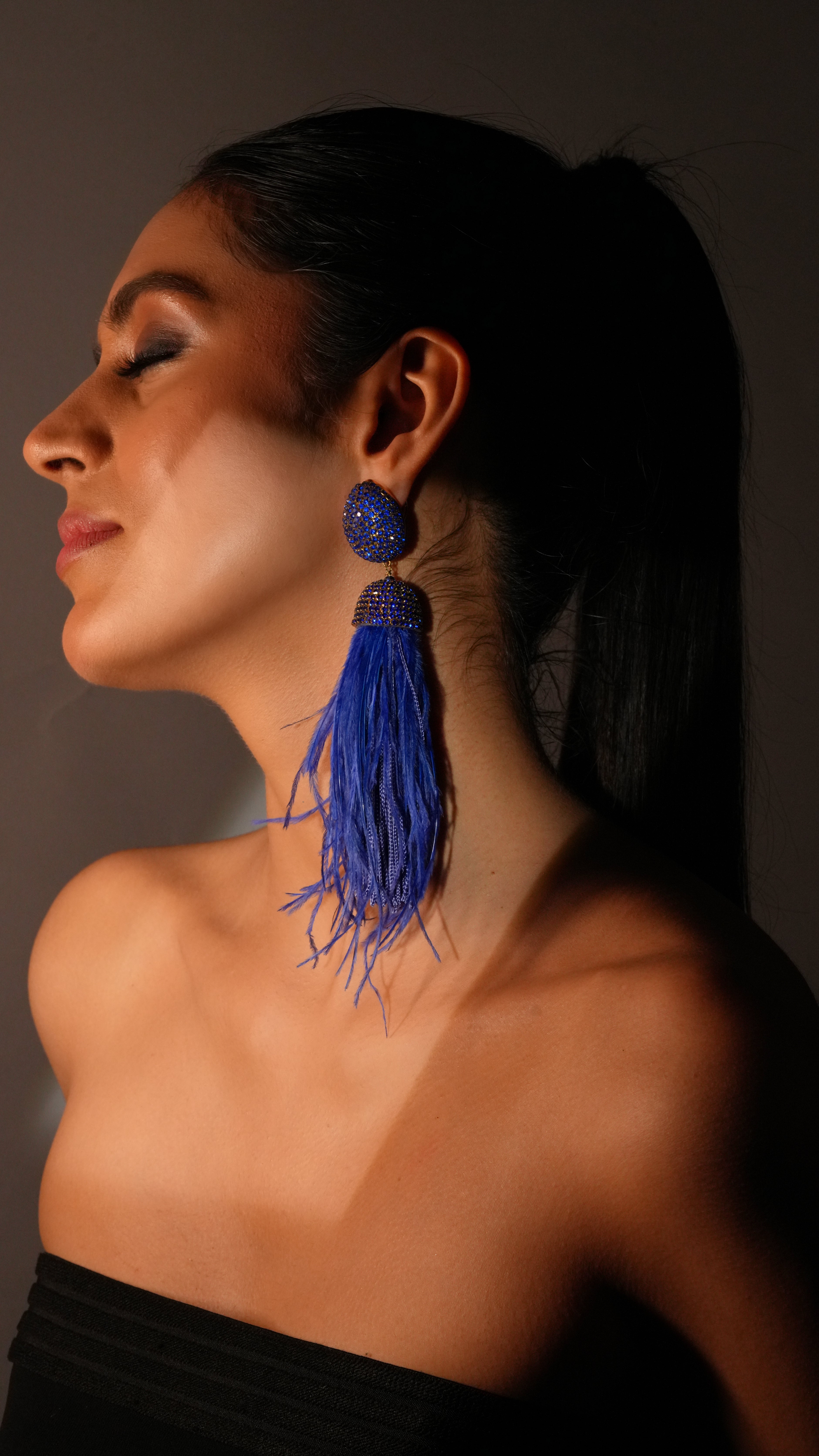 Blue Crystal Feather Earrings