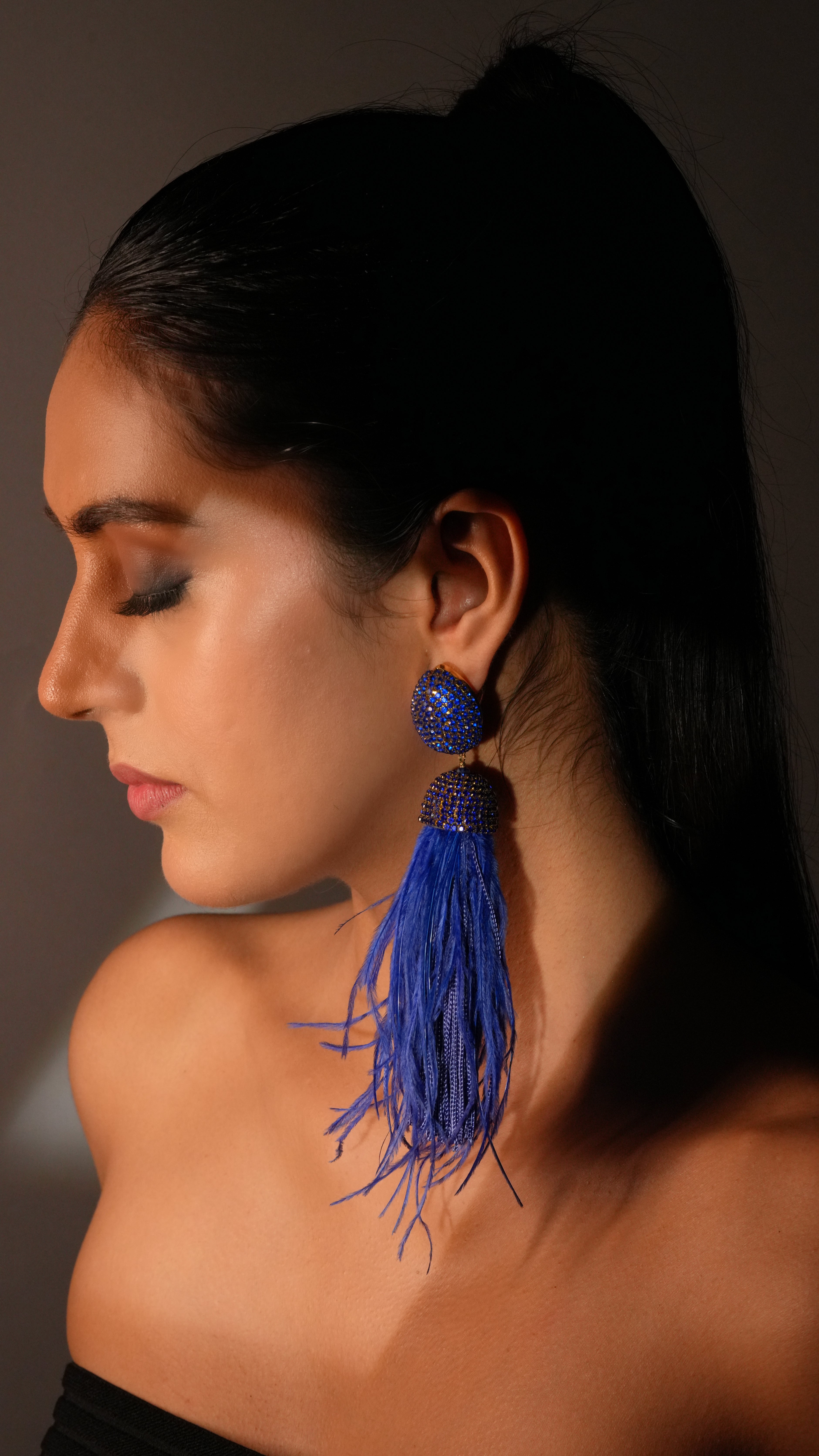 Blue Crystal Feather Earrings