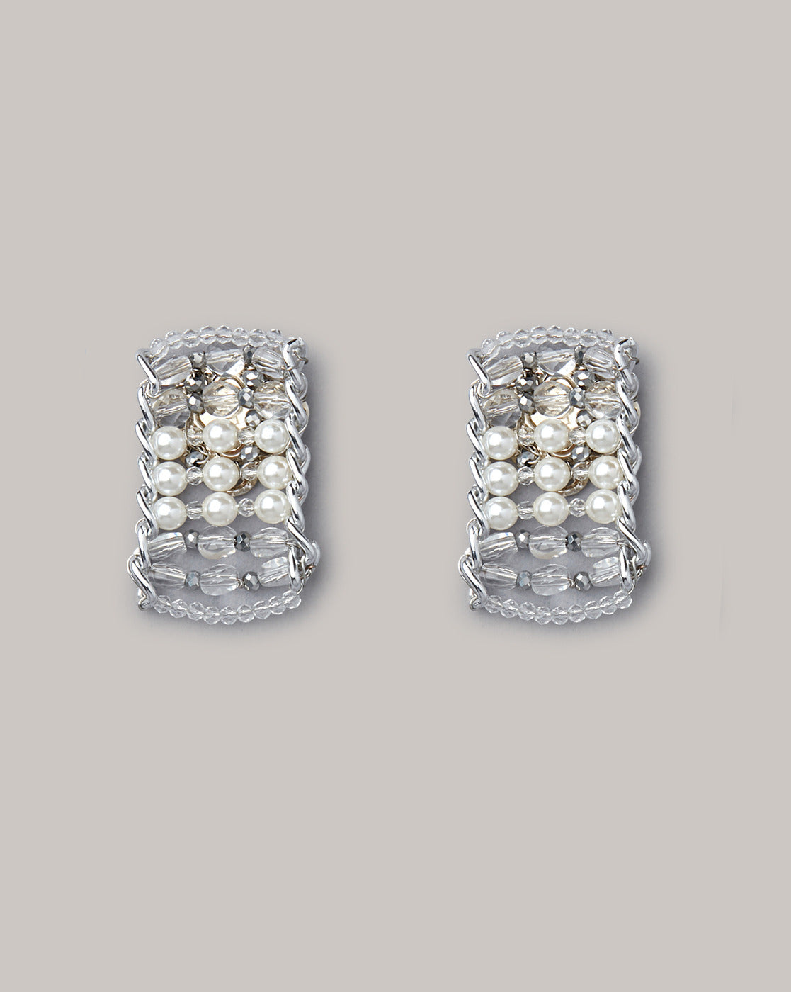 Metallic silver studs with pearls and crystals