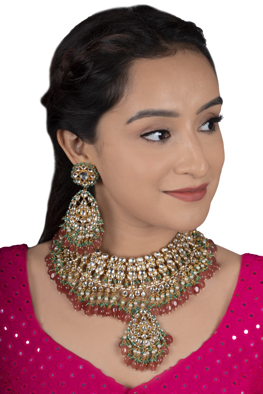 White Jadtar Stone With Pastel Pink And Green Heavy Bridal Necklace Set