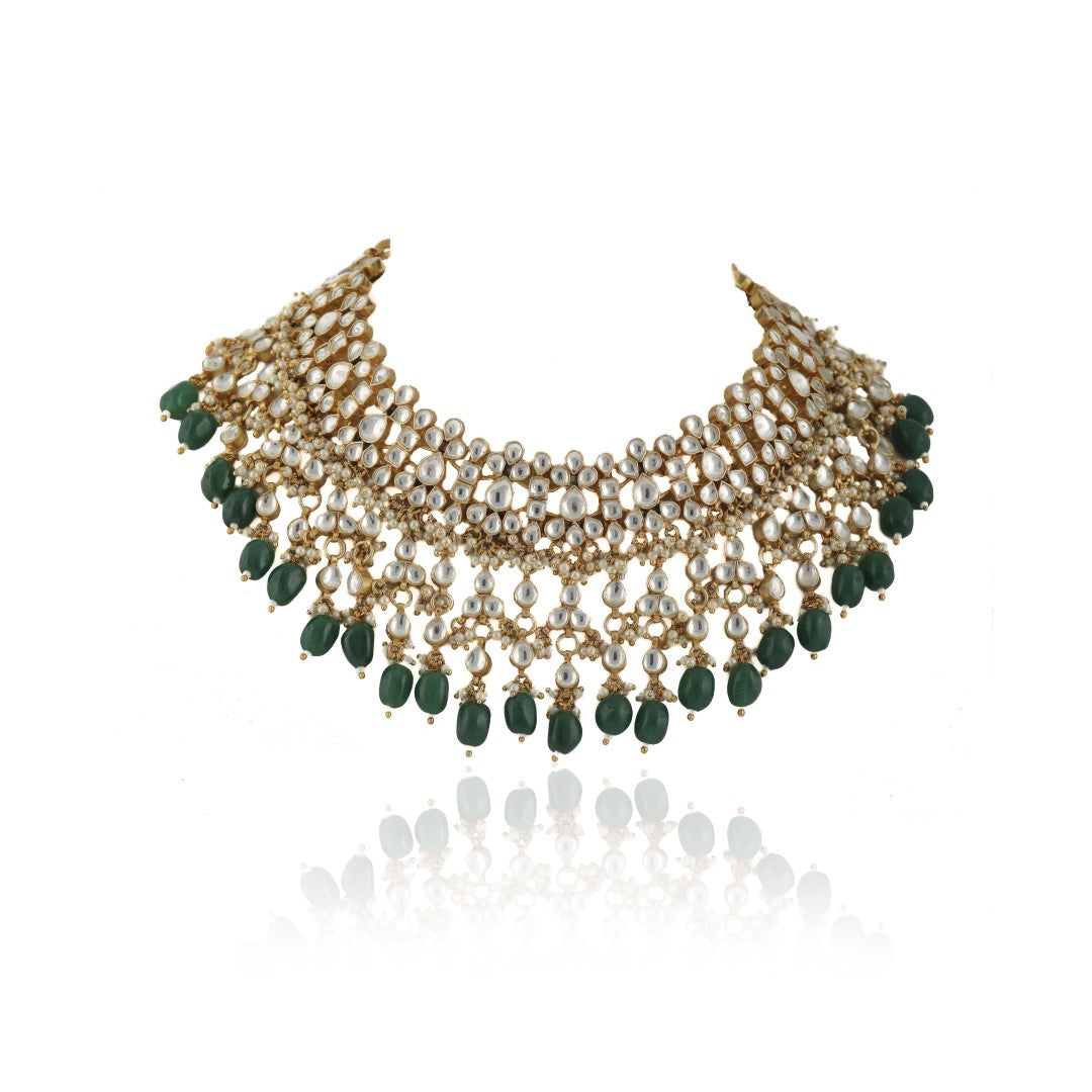 Lower Layer Choker Hangings With Pandadi And Green Beads With Star Shaped Jhumki