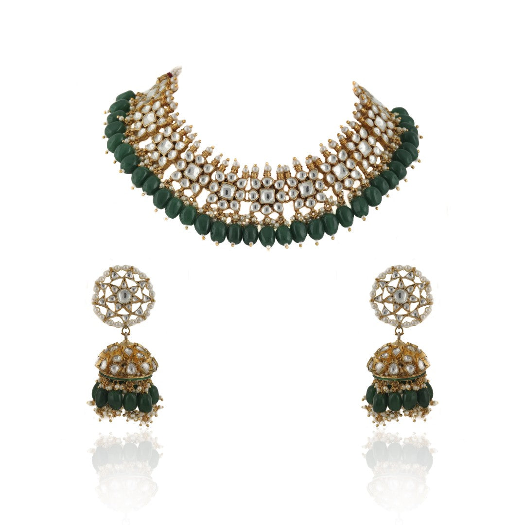 Small One Layer Choker Hanging With Green Beads With Star Shaped Jhumki