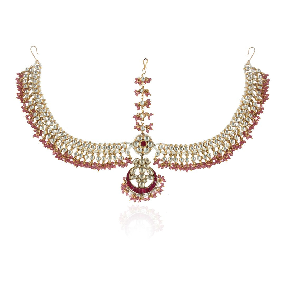 Light Pink Hangings Gold Plated Mathapatti