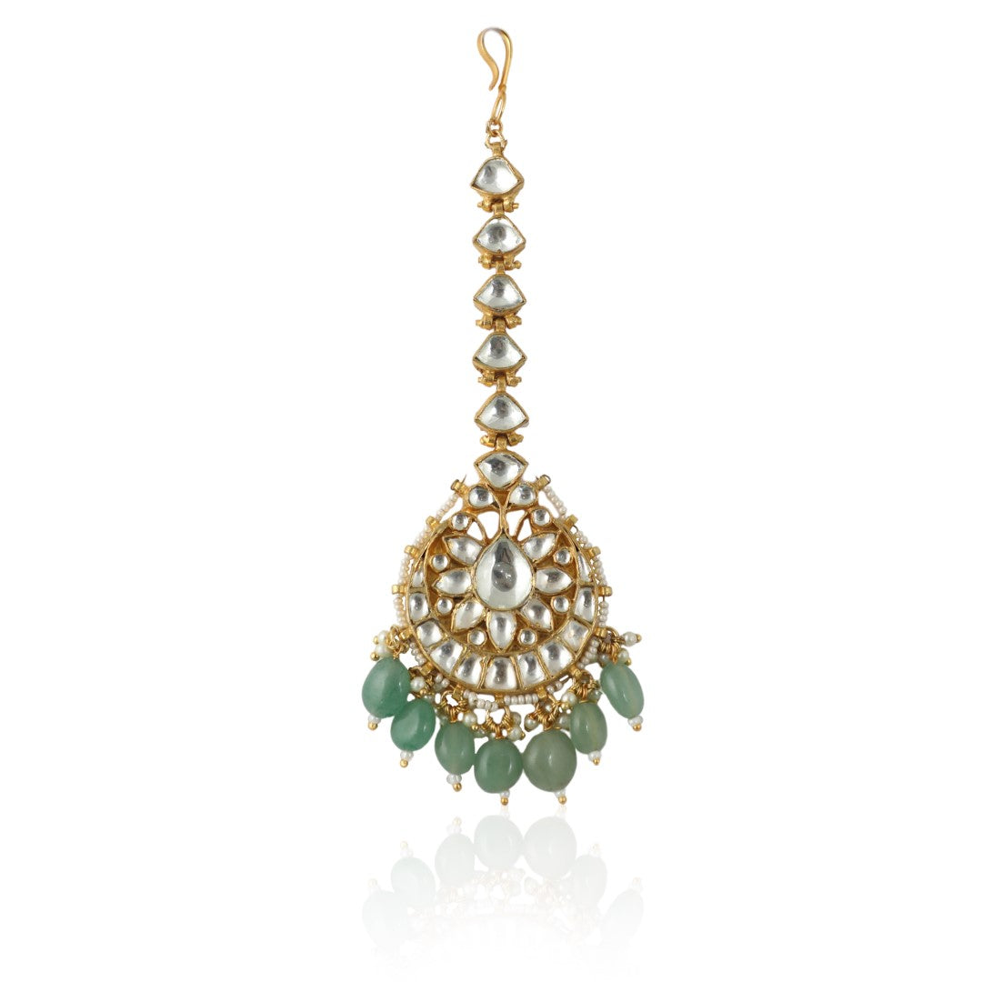 Sea Green Beaded Gold Plated Tikka