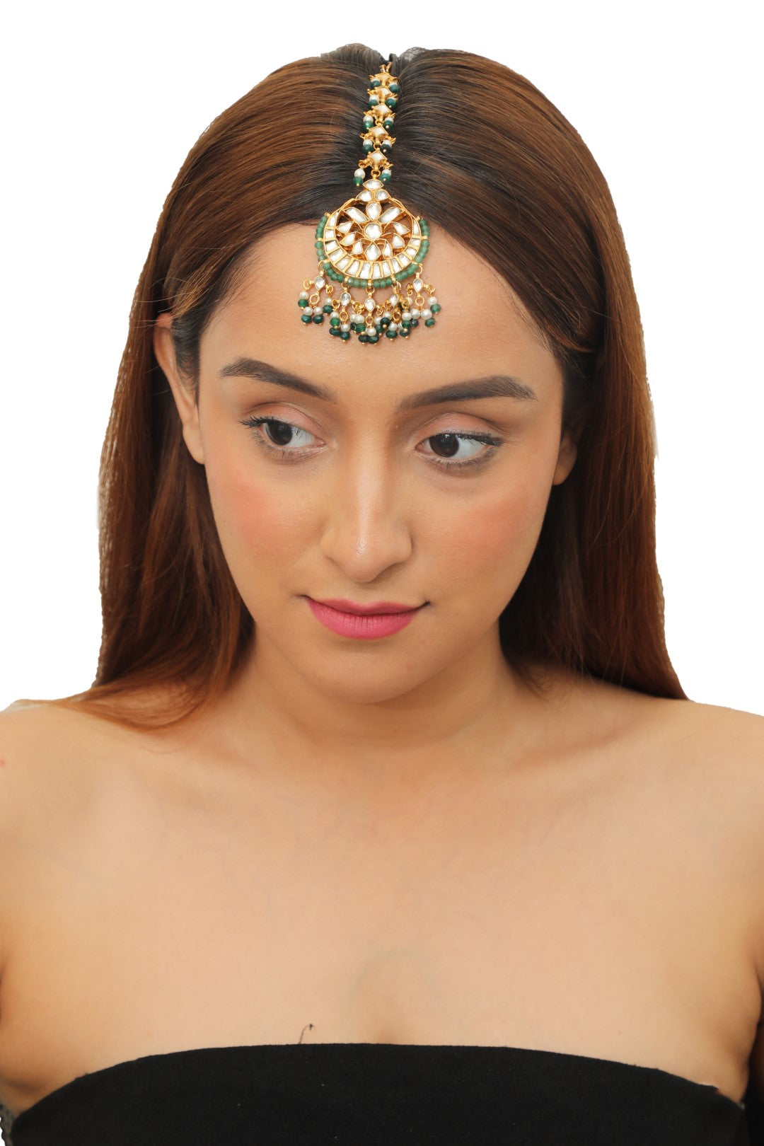 Green & White Gold Plated Maangtikka