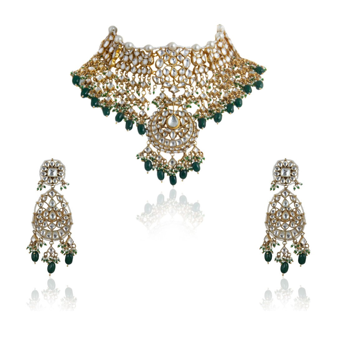 Green & White Traditional Wear Necklace Set