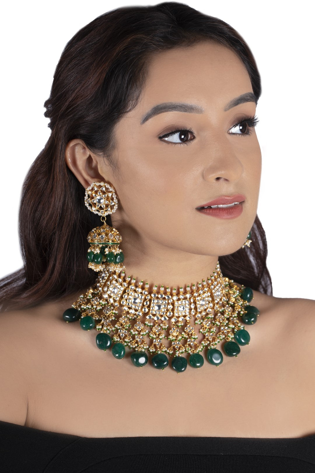 Traditional Wear Green White Necklace With Jhumka
