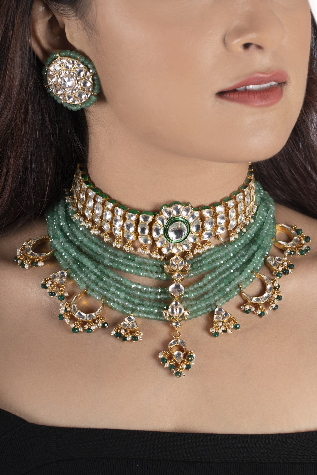 22Kt Gold Plated Meenakri Sea Green Necklace Set
