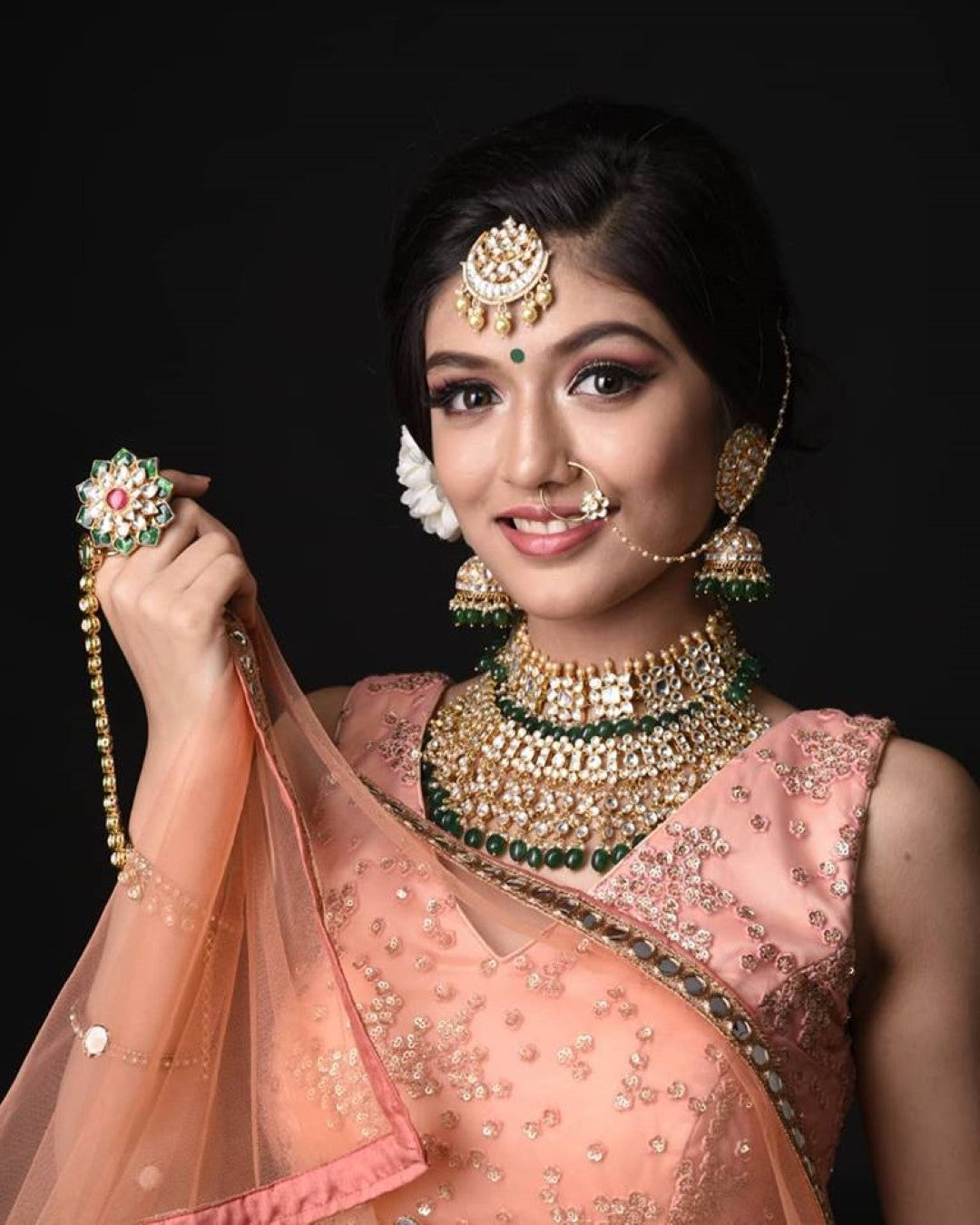 White And Green Jadtar Stone 2 Line Choker With Jhumki Bridal Set