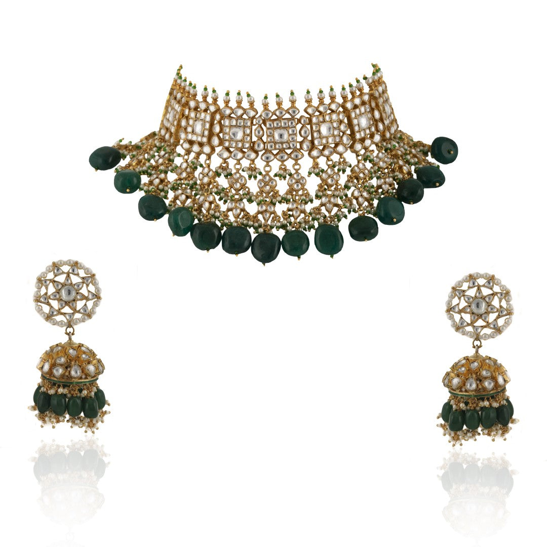Traditional Wear Green White Necklace With Jhumka