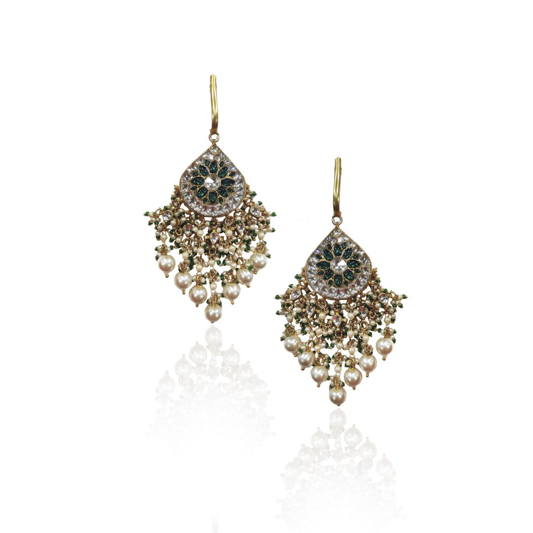 Baali Style Green And White Stone Earrings With Pearl