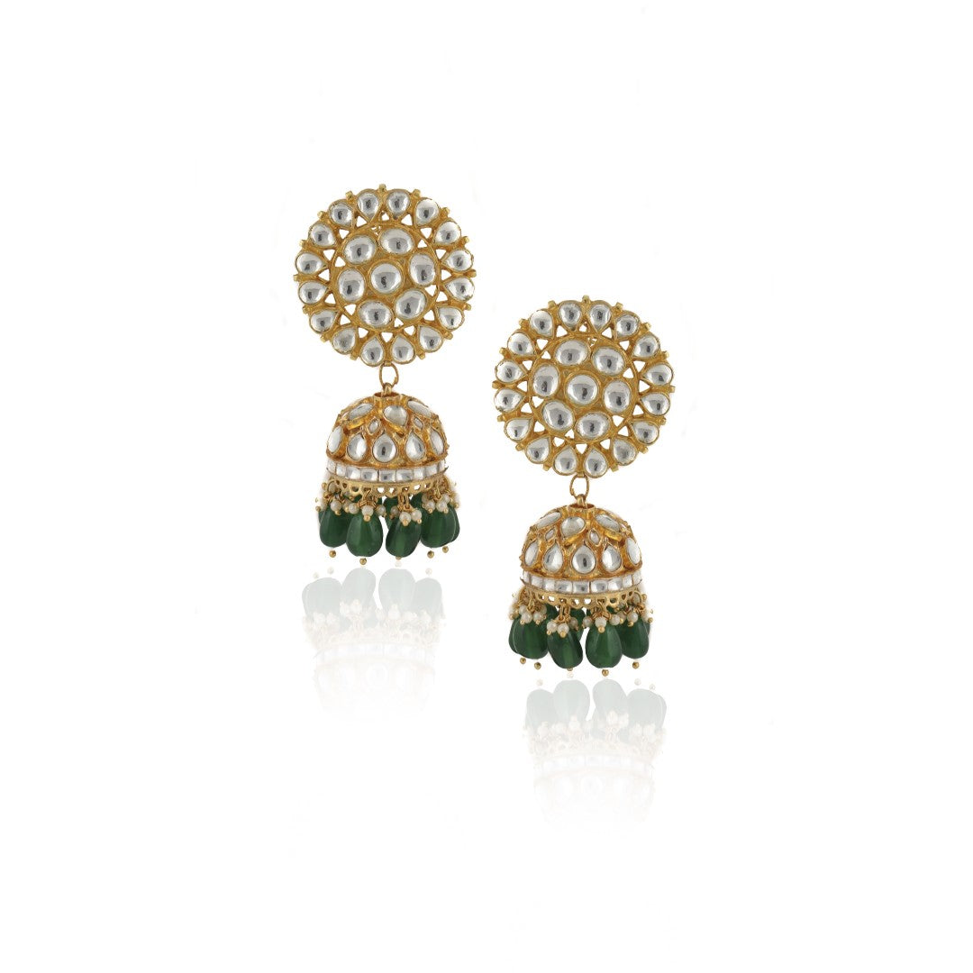 White And Green Jadtar Stone 2 Line Choker With Jhumki Bridal Set