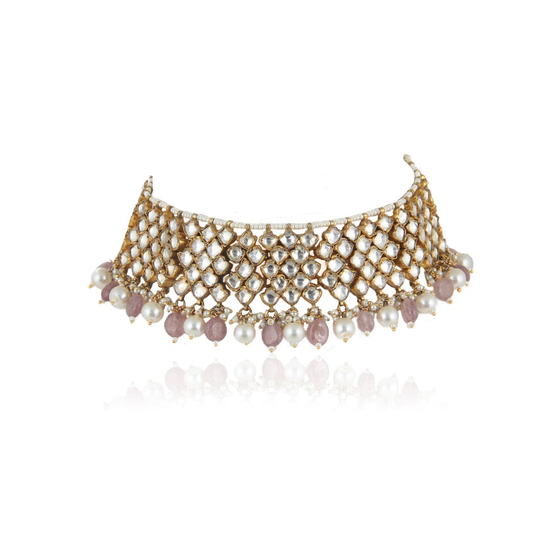 Pastel Pink & Pearl Gold Plated Choker Set