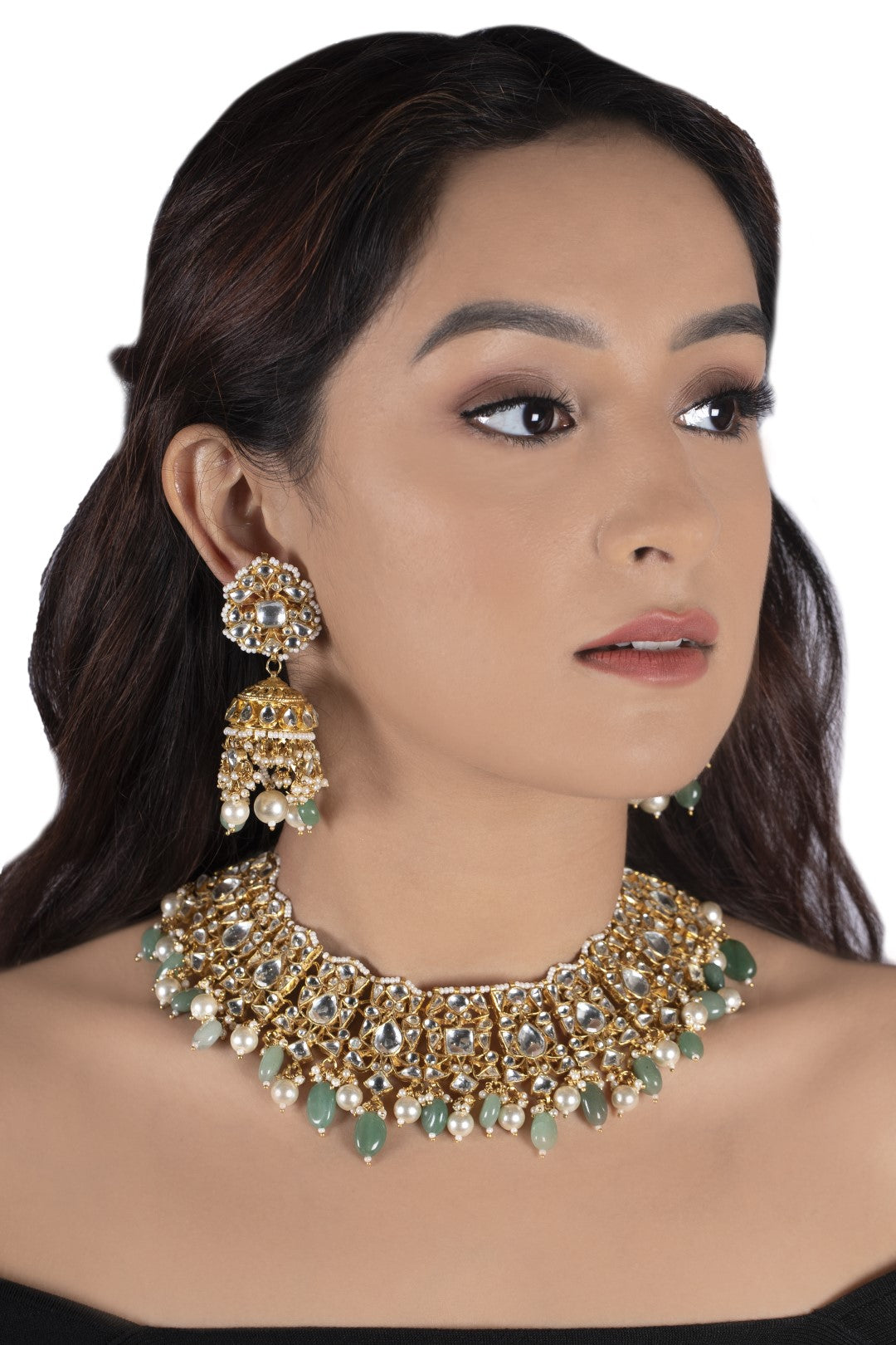 Sea Green Choker Set With Pearls
