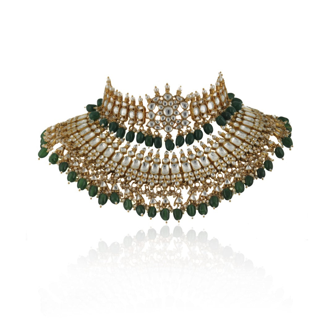 Bridal Wear Green And White Jadatar Double Layered Necklace With Earrings