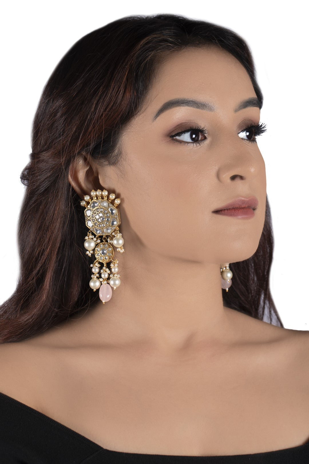 White Jadtar Stone Earrings With Pearl And Light Pink Beads