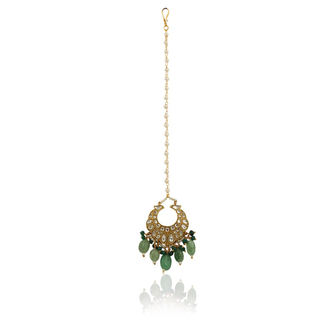 Gold Plated Tikka With Sea Green Beads