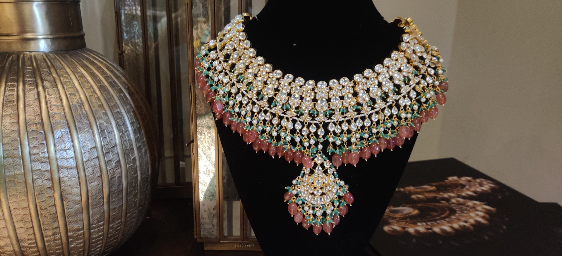 White Jadtar Stone With Pastel Pink And Green Heavy Bridal Necklace Set