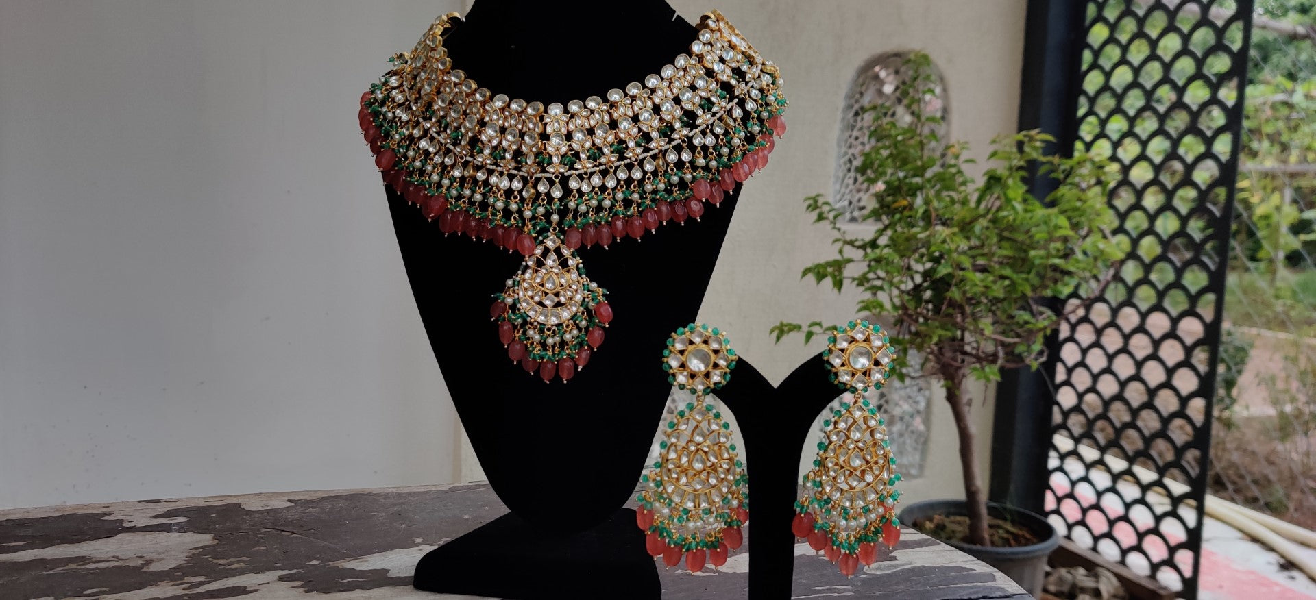 White Jadtar Stone With Pastel Pink And Green Heavy Bridal Necklace Set