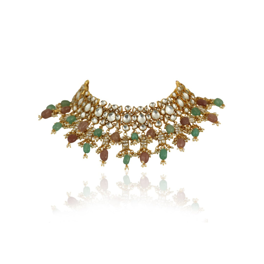 Pastel Pink And Sea Green Beads Necklace Set In 22Kt Gold Plating, With Jhumki Earings