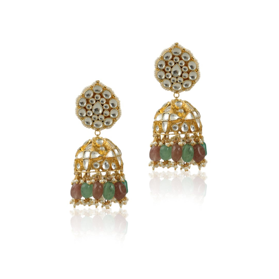 Pastel Pink And Sea Green Beads Necklace Set In 22Kt Gold Plating, With Jhumki Earings