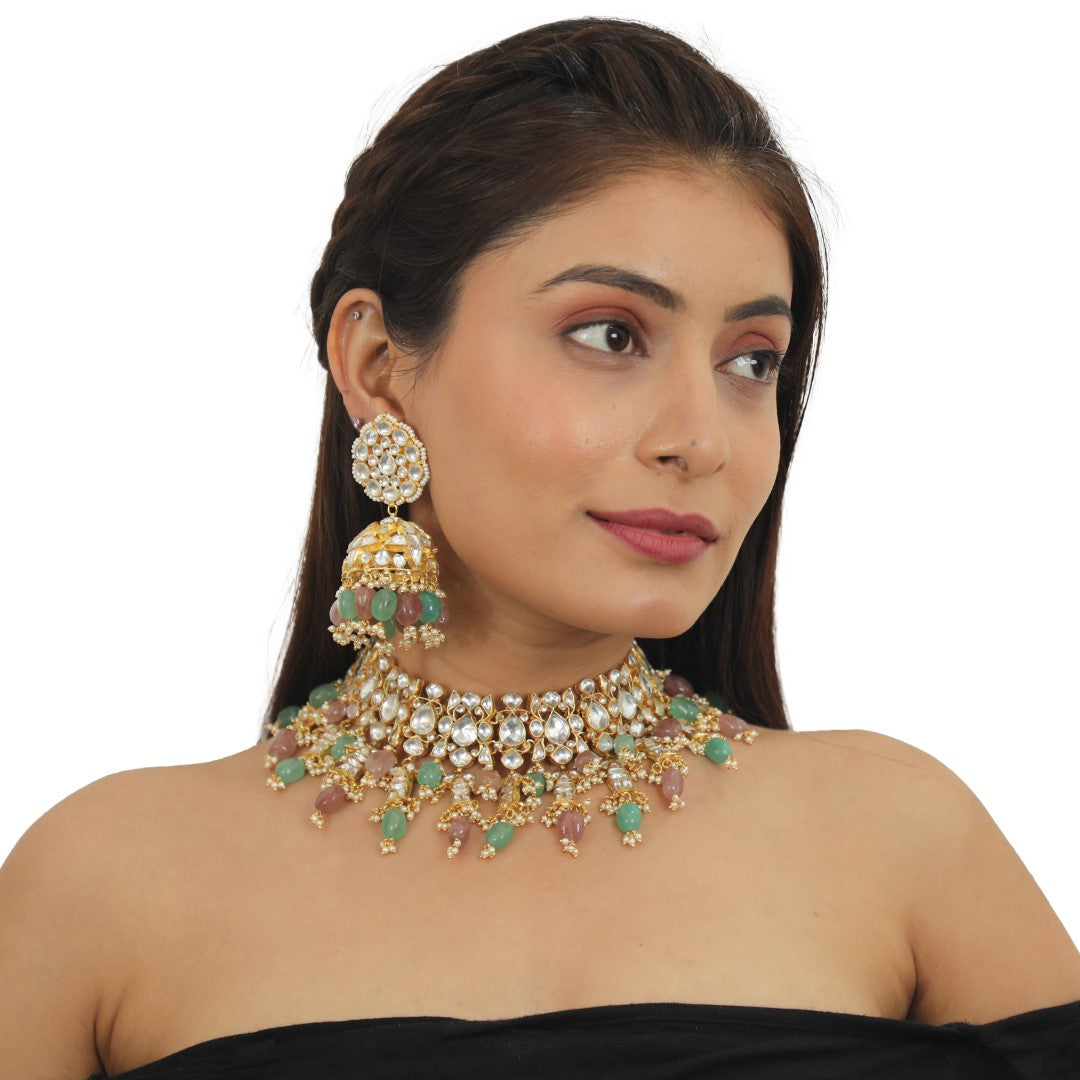 Pastel Pink And Sea Green Beads Necklace Set In 22Kt Gold Plating, With Jhumki Earings