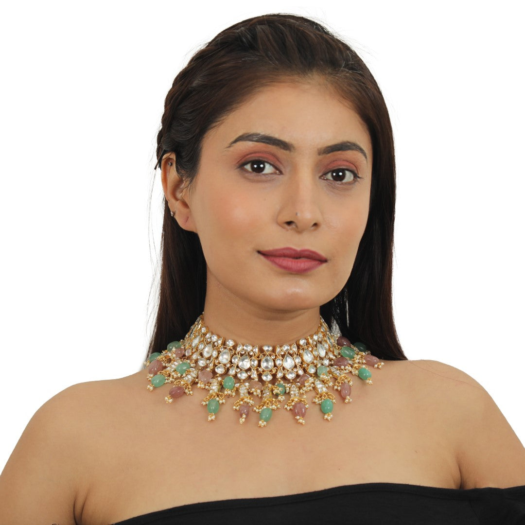 Pastel Pink And Sea Green Beads Necklace Set In 22Kt Gold Plating, With Jhumki Earings