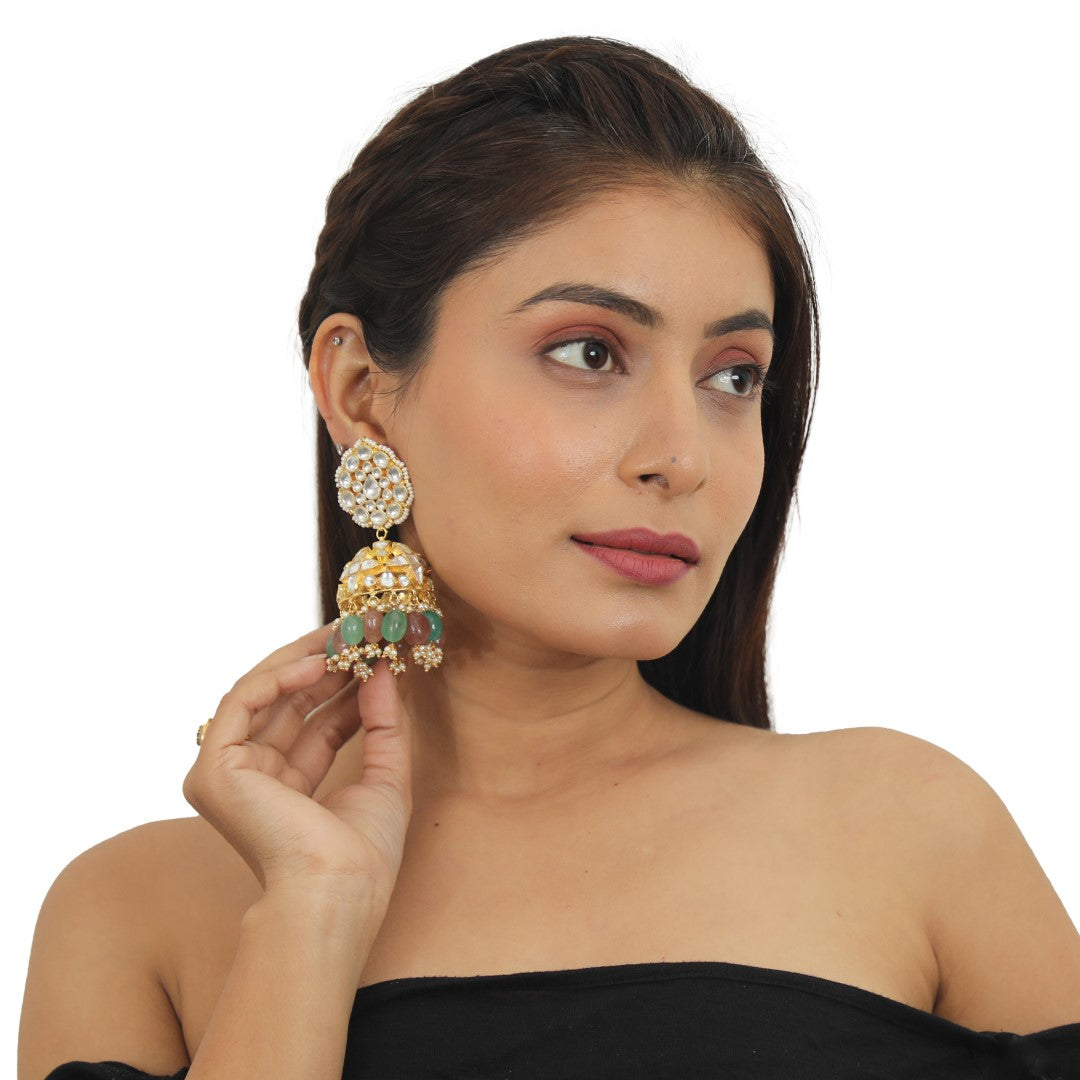 Pastel Pink And Sea Green Beads Necklace Set In 22Kt Gold Plating, With Jhumki Earings