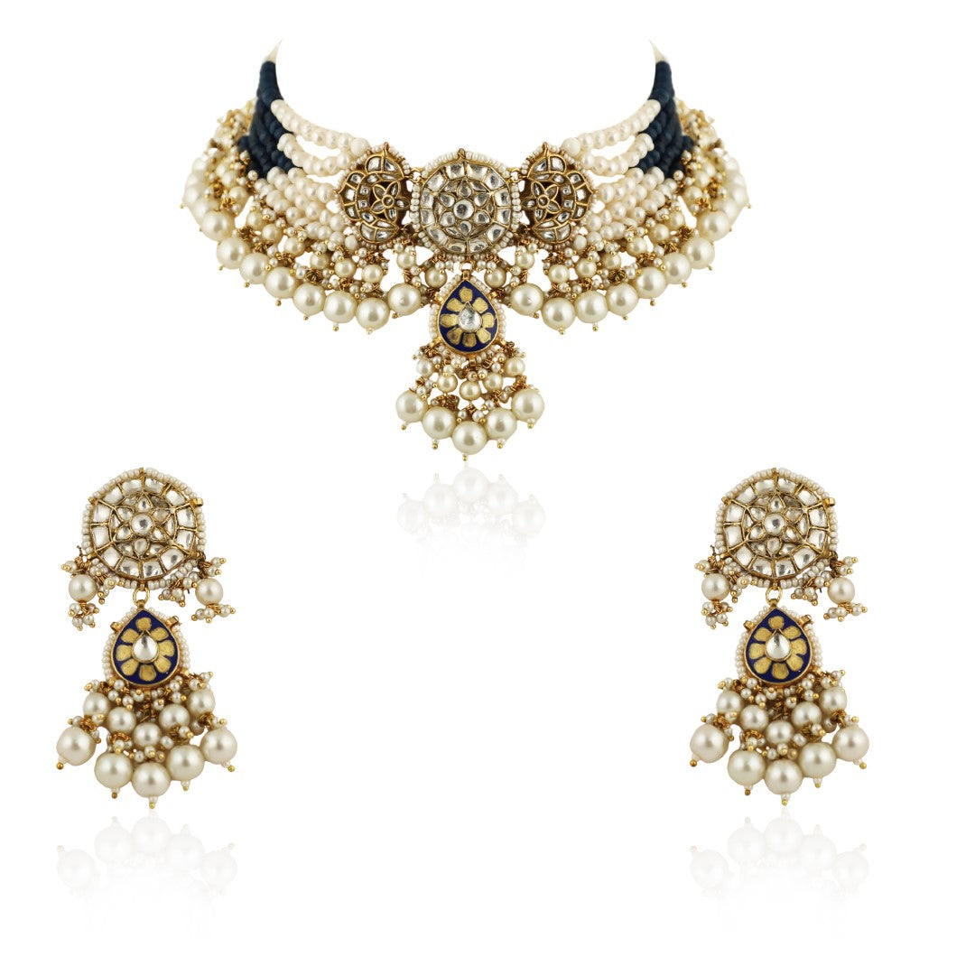Blue Meenawork Choker Set With White Pearl