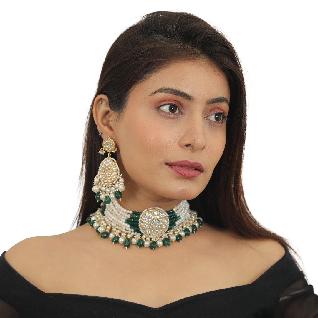 White Choker Set With Small Dark Green And Pearl Line Beadded Green Beads And Pearl