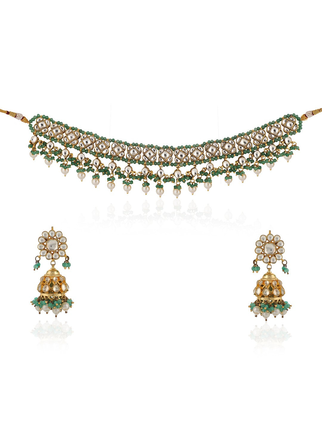 Sea green hangings white pearl choker set