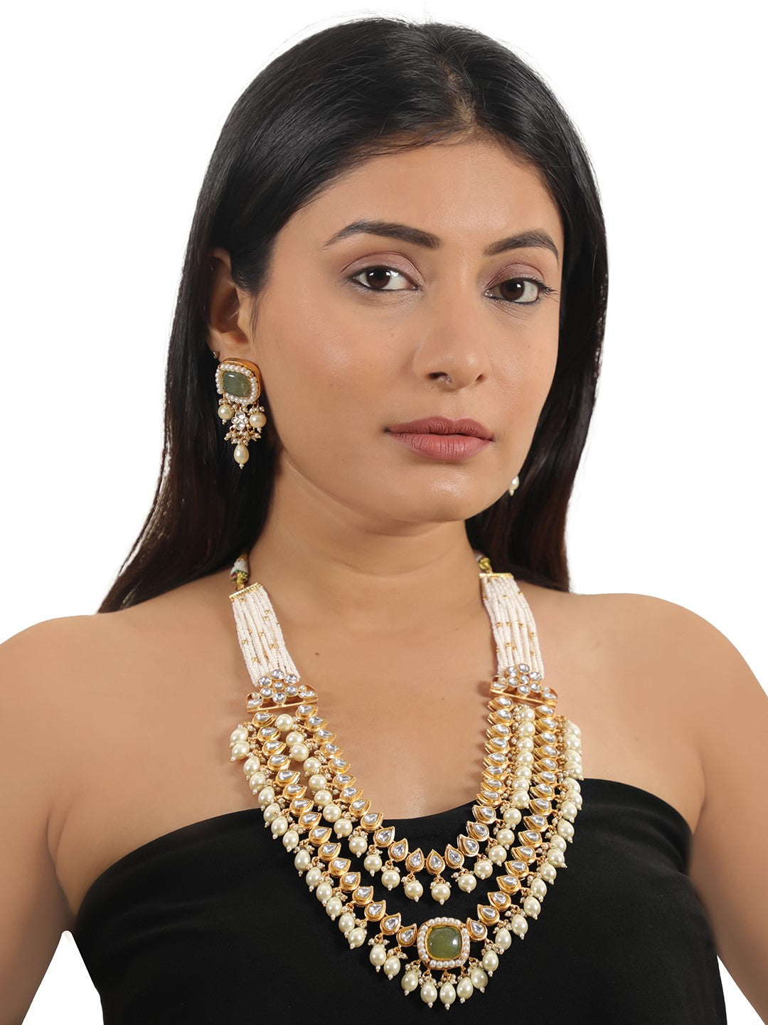 White pearl beaded double layered necklace set