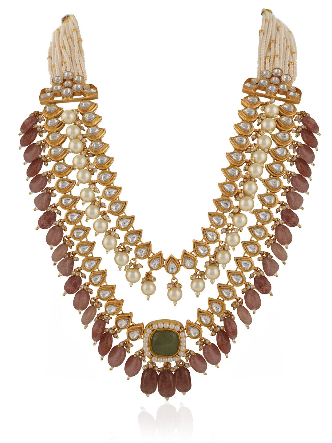 Indian handcrafted pastel pink beaded double layered necklace set
