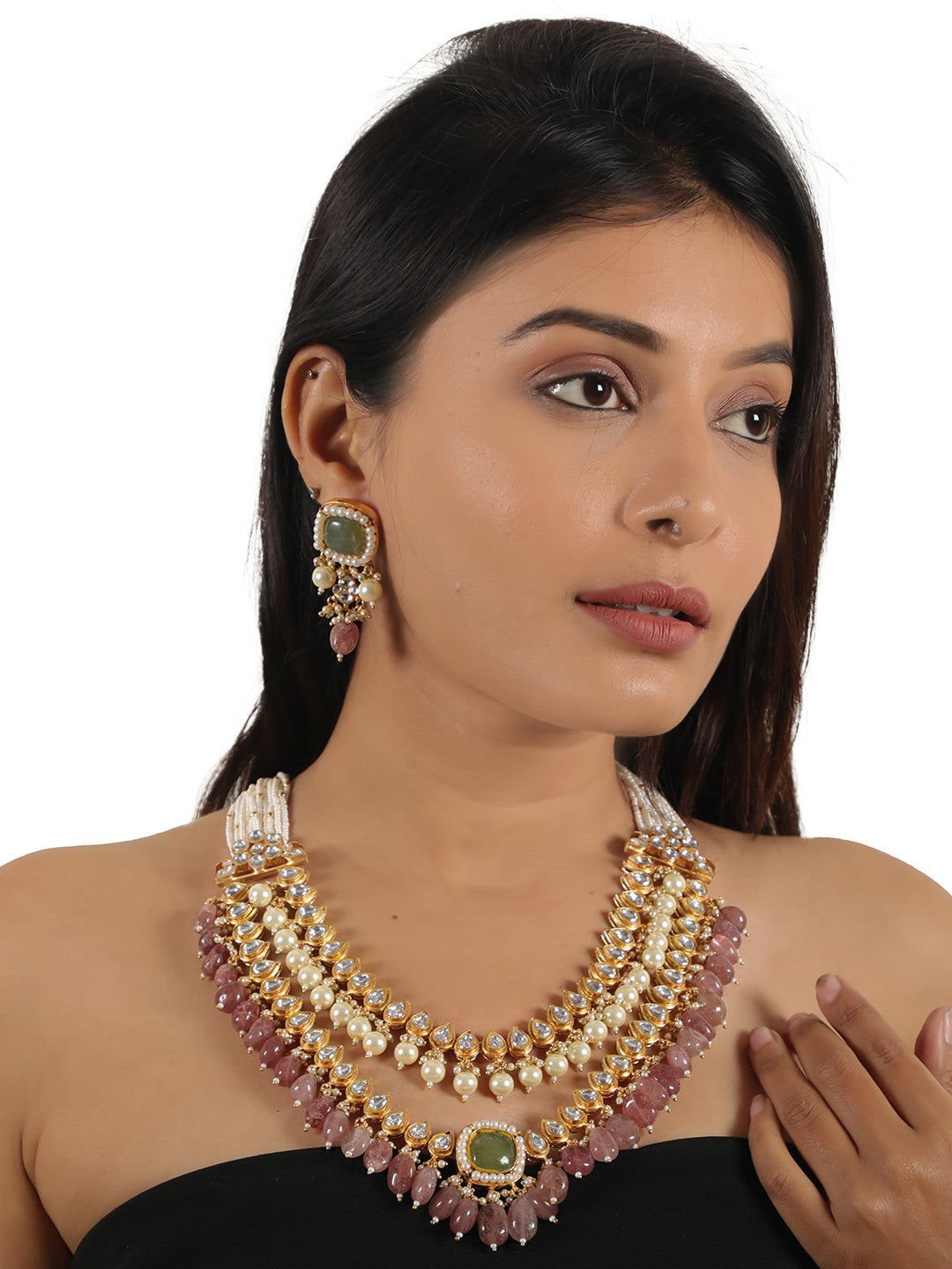 Indian handcrafted pastel pink beaded double layered necklace set