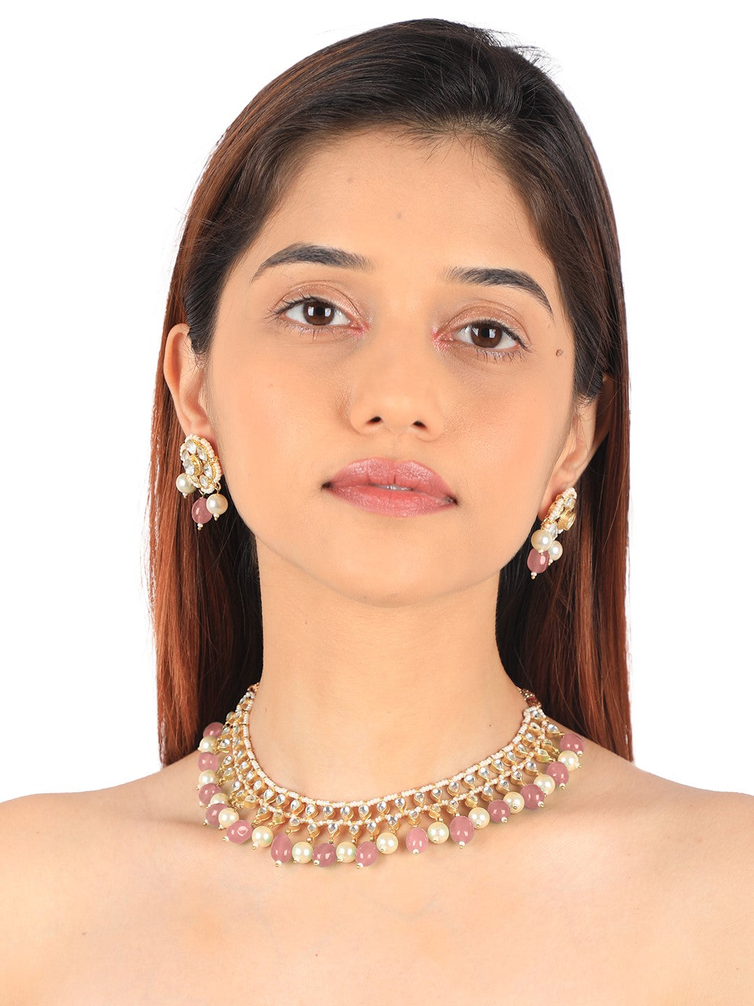 Pastel pink beaded gold plated choker set
