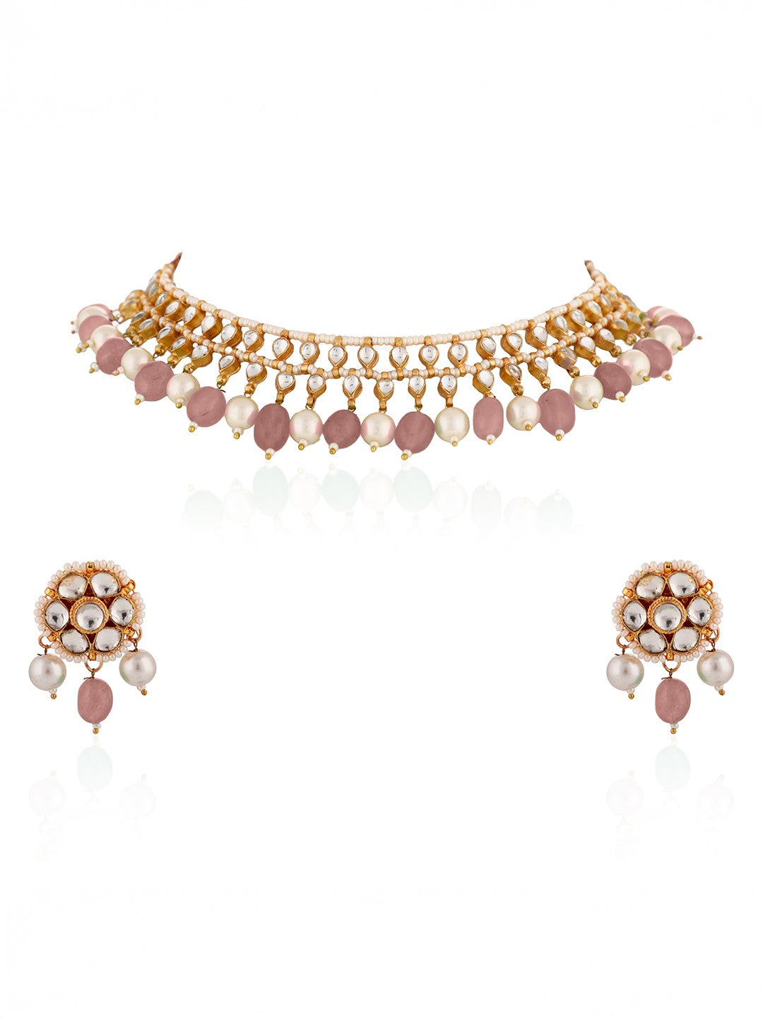 Pastel pink beaded gold plated choker set