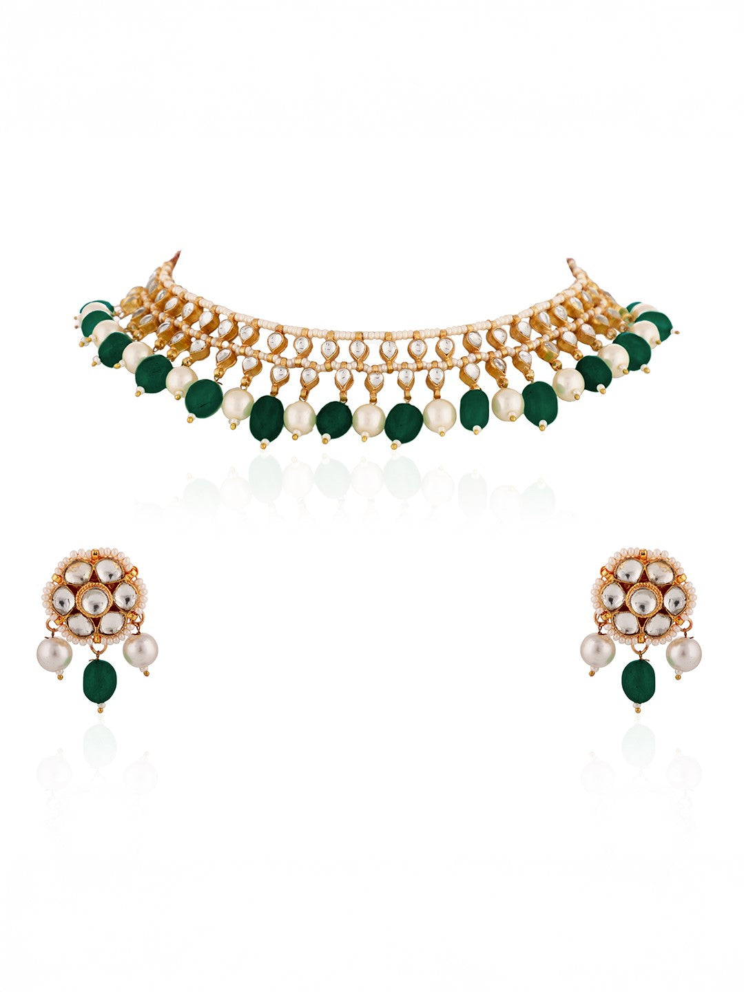 Emerald green beads gold plated choker set