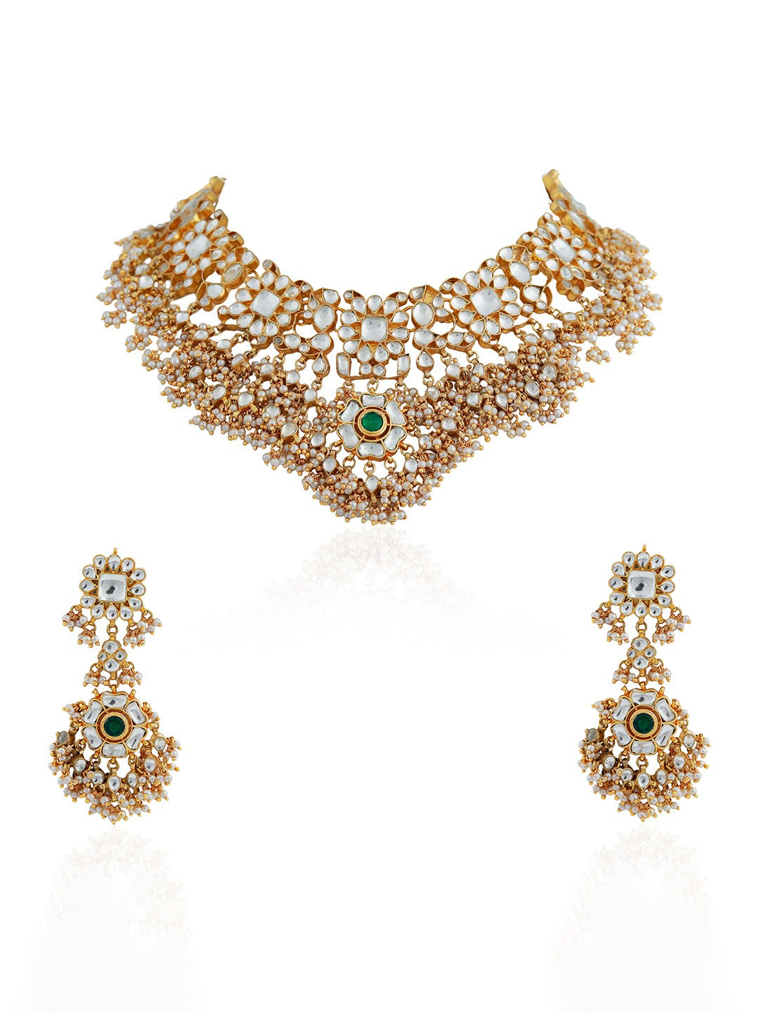 Women gold finish white hangings necklace set