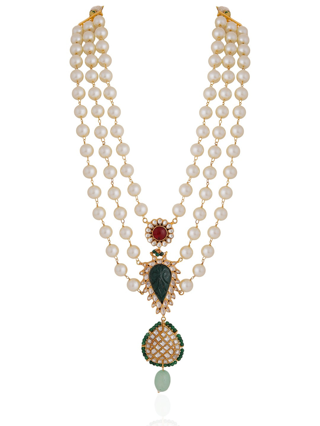 Royal Pearl Necklace With Handcrafted Emerald Green Motive