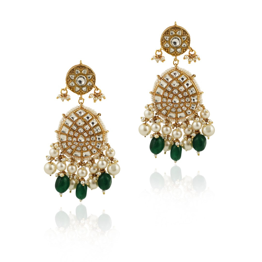 Emerald Green Beaded Gold Plated Earrings
