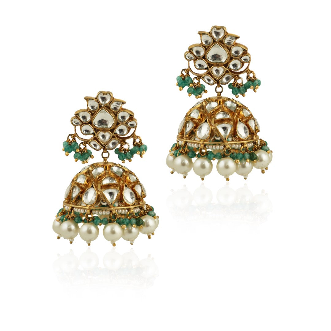 Sea Green Floral Gold Plated Jhumka
