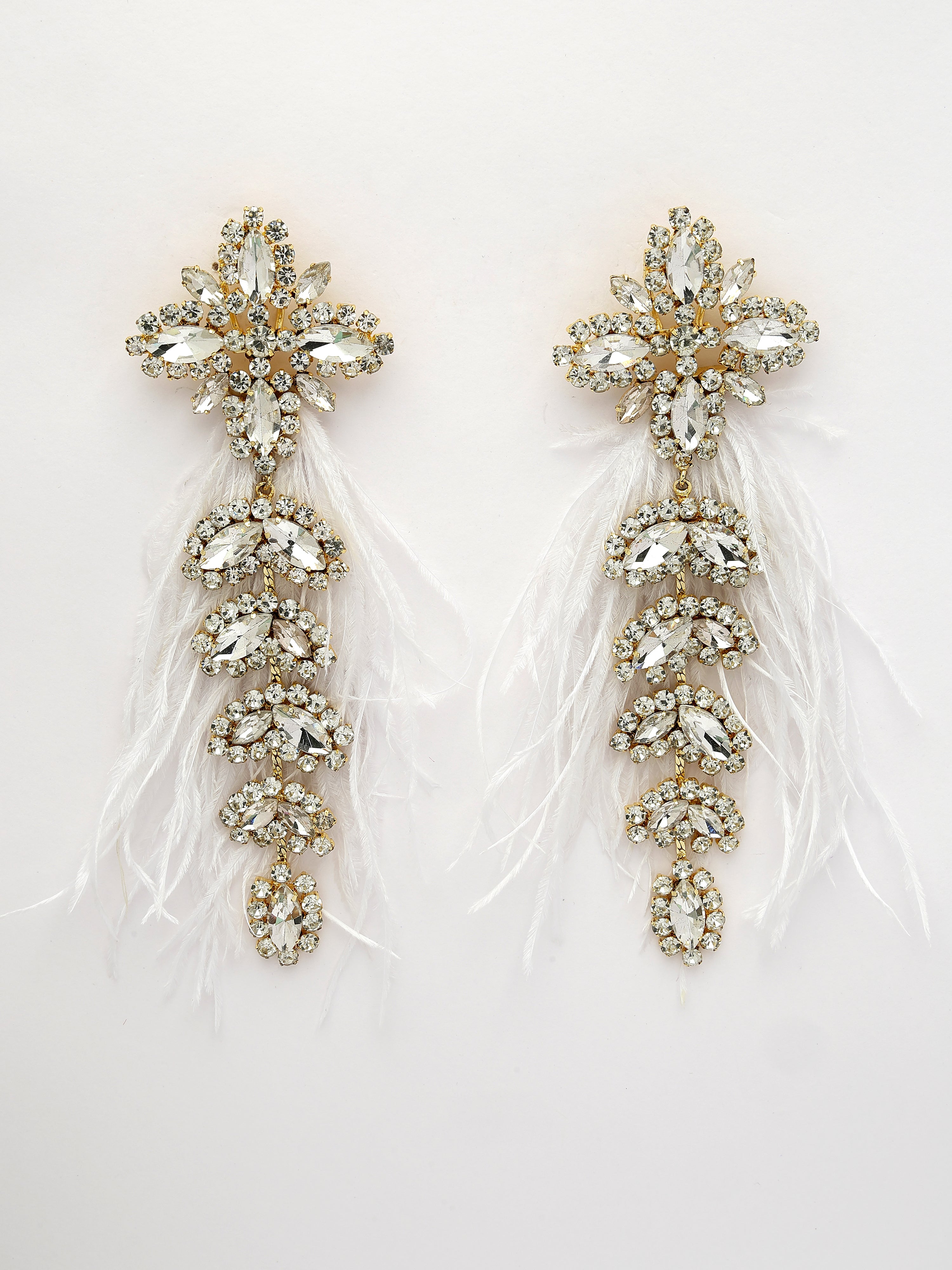 White Crystal Feather Earrings