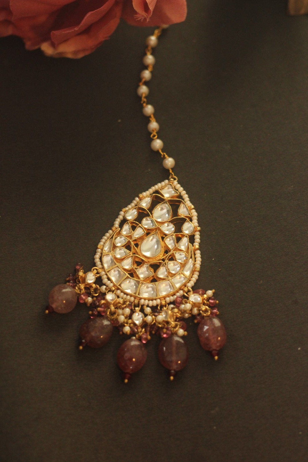 Pastel pink bead gold plated maangtikka