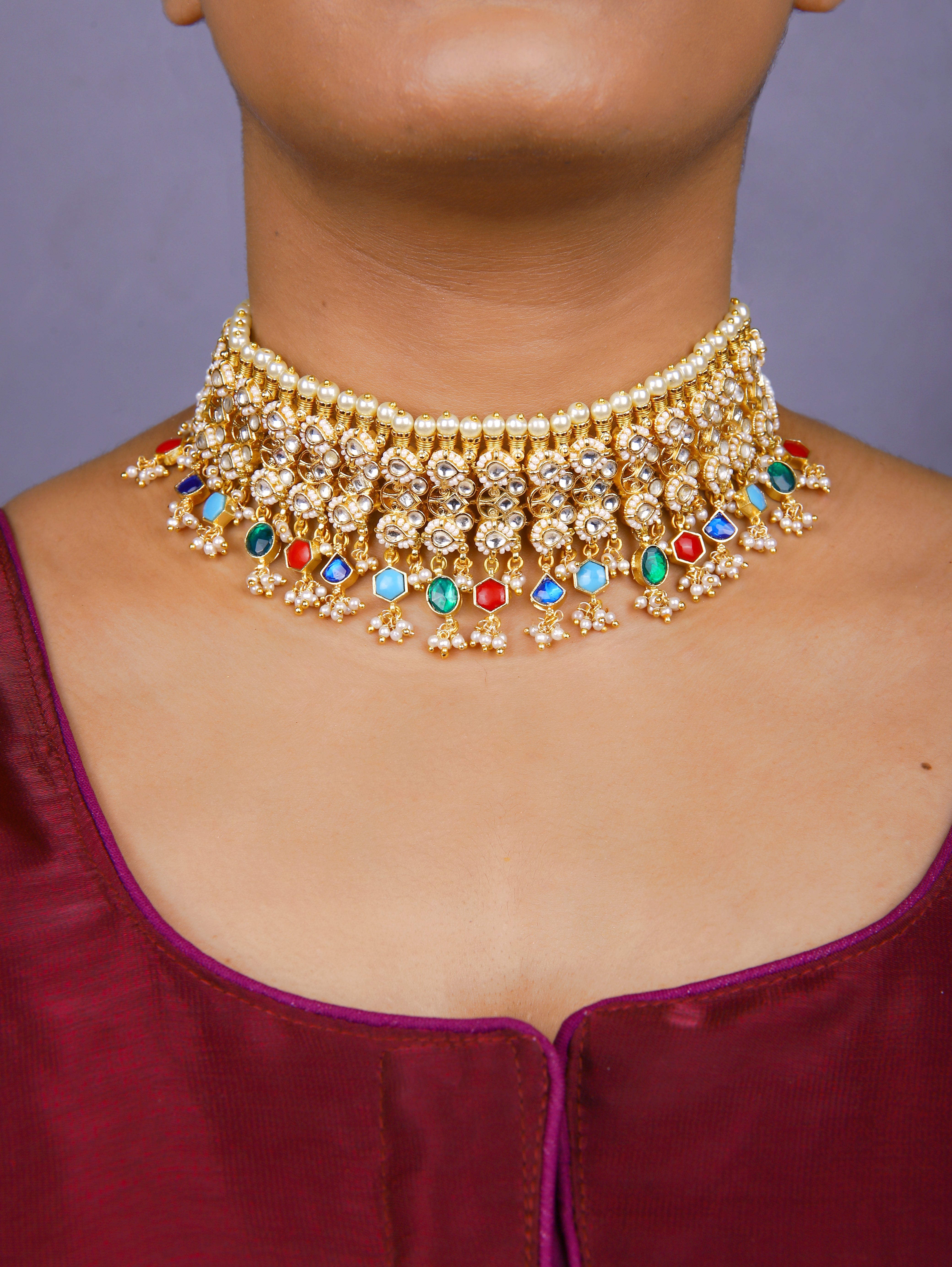 Gold Finish Kundan Polki Navratna Stone Chokar Set