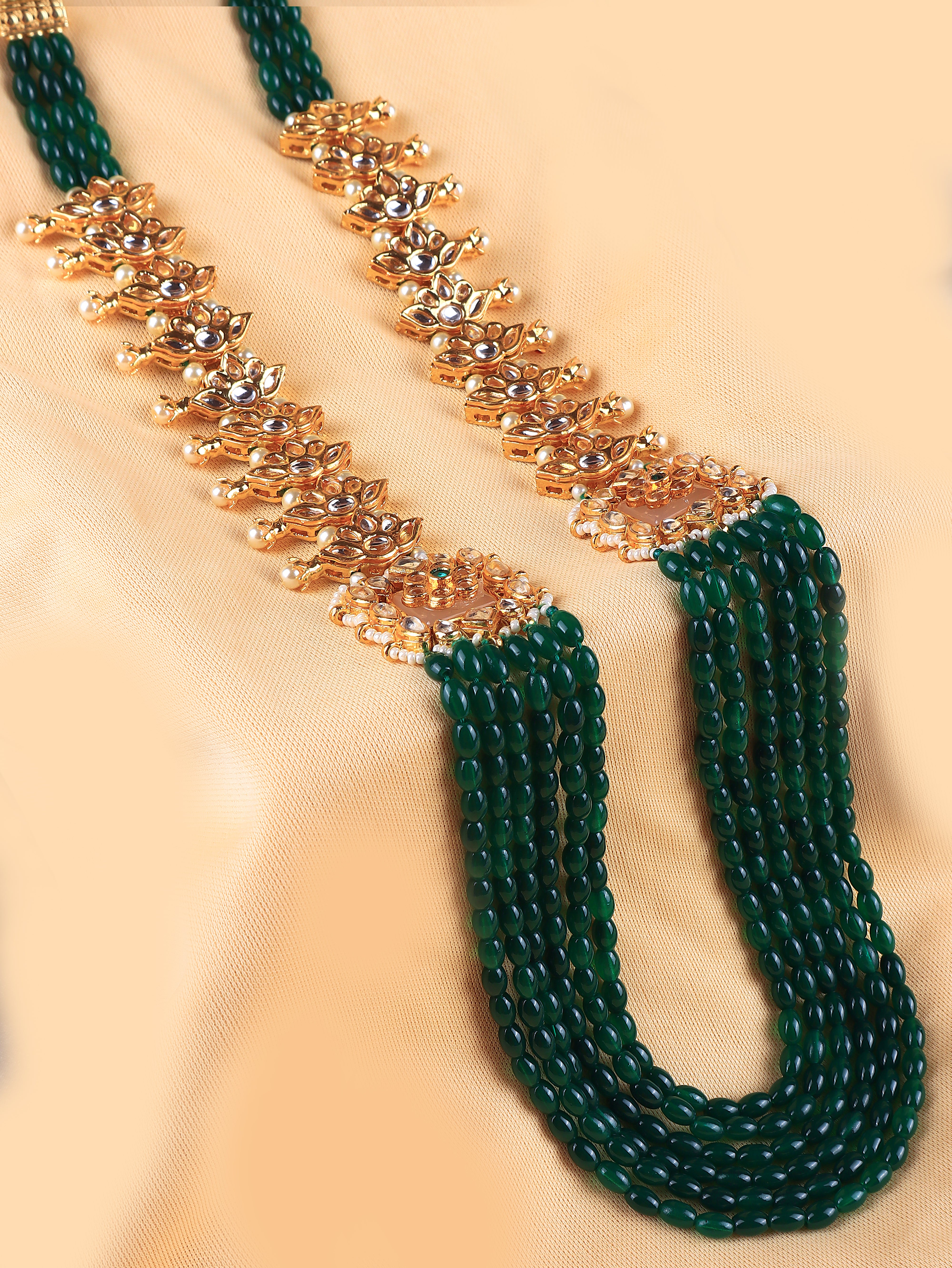 Gold Finish Kundan Polki & Semi Precious Beads Green