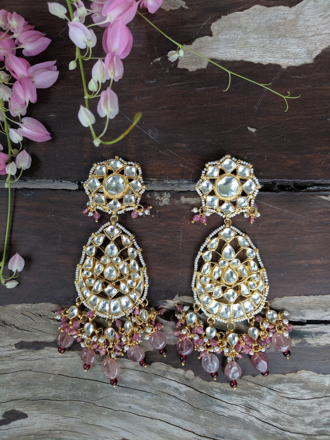 White Jadtar Stone Necklace Beaded Moti Work In Light Pink Beads With Pearl